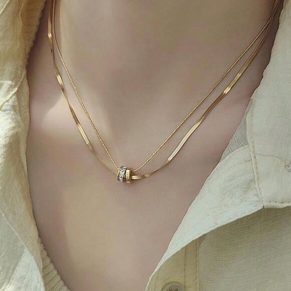 Silver Casual Women's Stainless Steel Round Cz Inlaid Double Layer Necklace - Picture 9 of 14